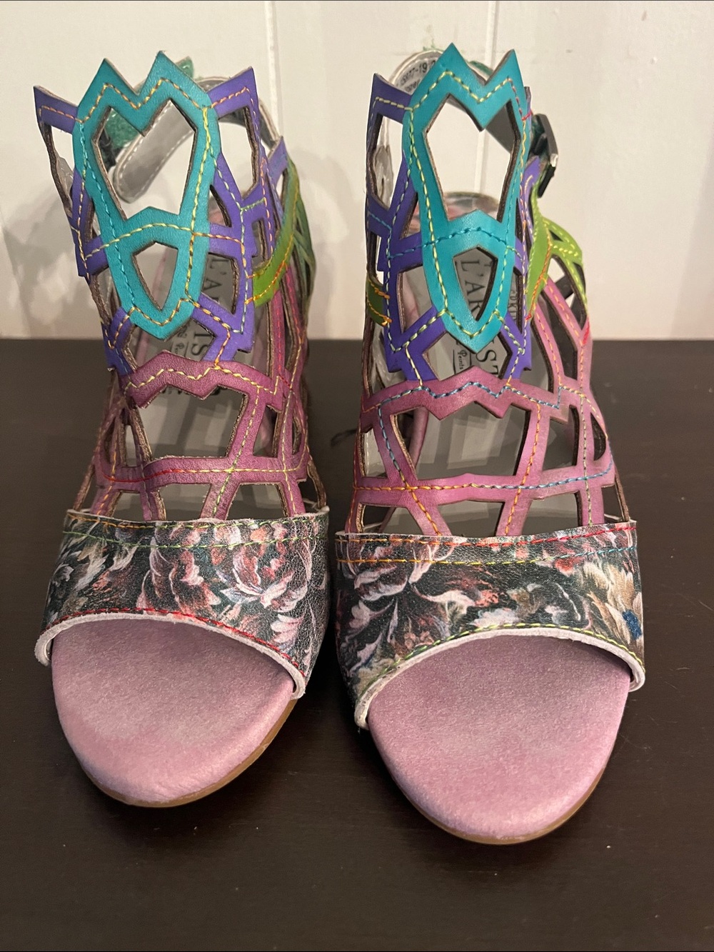 Multi-Color Cutout Floral Open-Toe Leather Heels - Teal & Pink